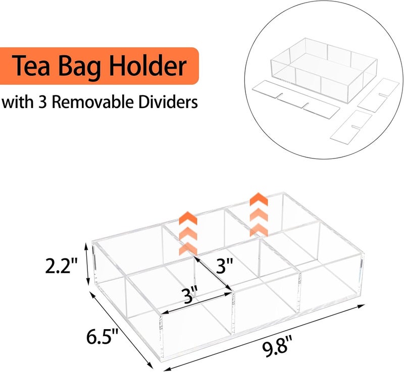 Tasybox Tea Bag Organizer, Clear Acrylic Tea Bag Holder with 6 Slot, Tea Packet Storage for Drawer, Pantry, Kitchen, Cabinet, Countertop - Image 3